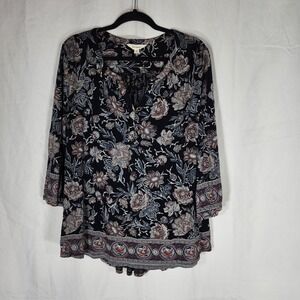 Lucky Brand Top Womens Sz 2X Black Paisley Floral Popover Boho Knit Jersey
